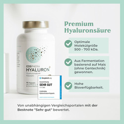 Cosphera Hyaluronsäure hochdosiert 500mg, 90 vegane Hyaluron Kapseln im 3 Monats