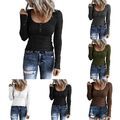 Damen Langarm Henley T-Shirts Knopfleiste Slim Fit Tops-U-Ausschnitt-gerippt