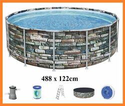 Bestway Steel Pro MAX 488 x 122cm Gartenpool Pool 56966 Mit Pumpe u. Zubehör✔️ Bestway 56966 ✔️ Steinoptik ✔️ aus Deutschland ✔️