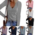 Damen gerippt U-Ausschnitt Henley Langarm T-Shirt Oberteil Knopfleiste Slim Shir