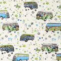 Alpenfleece Stoff ecru  melange mit Bulli VW-Bus Camper blau 50 x 150 cm  ♕