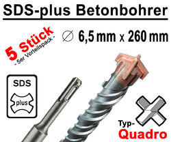 5 x SDS-plus Betonbohrer Ø 6,5 mm x 260 mm Quadro Bohrer Hammerbohrer Fensterbau