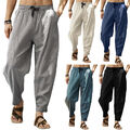 Herren Baumwolle Leinen Weites Bein Baggy Hose Gummibund Locker Freizeit Harem ☀