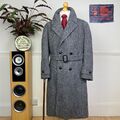 British Herringbone RAGLAN Double Breasted Tweed Overcoat BALMACAAN Jacket (2XL)