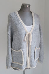 Cardigan mit Taschen und Schleife zum Binden wollweiss grau gr. 38-44