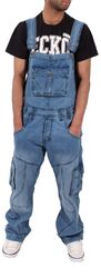 Peviani Herren Hafen Designer Cargo Kampf lose Passform Denim Latzhose, steinblau