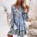 Damen Blumen Freizeitkleid Urlaubkleid Langarm Midikleid A-Linie-Kleid Reise DE