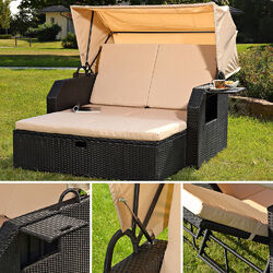 Strandkorb Sonnenliege Liegebett Sonnenbett  Rattan Dach Rattan Relaxliege