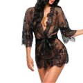 Sexy Dessous Kimono schwarz transparent mit Spitze und String Tanga