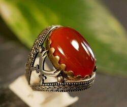 Riesiger 925 Silber Ring Roter Stein Cabochon Schwerter Mohammed Teil Vergoldet