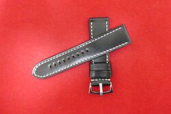 Watch strap leather 24mm lugs with silver buckles black with white thread (A35)