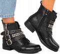 Schnürstiefeletten Biker Boots Damen Gefüttert mit Nieten und Schnallen Trendy