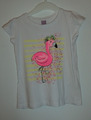 Weißes Shirt Kurzarm mit pinkfarbigen Flamingo und gelben Streifen glitzernd 110