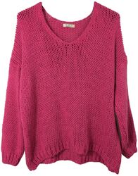 Damen Pullover Grobstrick Oversize Over Shoulder Pulli V-Ausschnitt Wolle/Alpaka