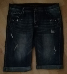 Damen Bermuda Jeans Shorts dunkelblau Gr. XL mit Strass und Rissen