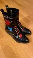 DOLCE & GABBANA Black/Red Leather And Glitter Heart Kiss Me Ankle Boots Size 41