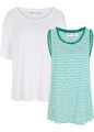 2-tlg.Set T-Shirt und gestreiftes Top Gr 40/42 Weiß Grün Damenshirt Bluse 3xget