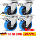 Set 4 Lenkrollen 10cm mit Bremse Blue Wheel Transport Industrie Rolle Rollensatz