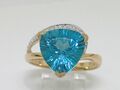 Blautopas Ring 585 Gelbgold 14Kt Gold natürlicher beh. Blautopas  10 Brillanten