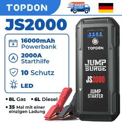 TOPDON JS2000 2000A KFZ Starthilfe Jump Starter Ladegerät Booster Powerbank 3IN1⭐⭐⭐⭐⭐100 Real Capacity✅8L Gas/6L Diesel✅35 Jumps✅NO.1