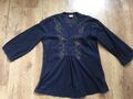 Süße H&M LOGG Tunika Bluse Gr. 34/ S Dunkel Blau 3/4 Ärmel Blumen Stickereien 