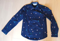 H & M Weihnachten Hemd Shirt  Baumwolle blau dunkelblau langer Arm Größe 140