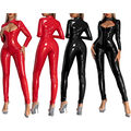 iEFiEL Damen Wetlook Overall Catsuit Langarm Reißverschluss im Schritt Jumpsuit