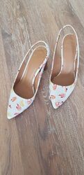 Sarenza Sling Pumps 38 weiß mit Scampi und Zitronen Print