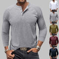 Herren Henley Langarm T-Shirt mit Knopfleiste Basic Tops Casual Langarmshirt DE