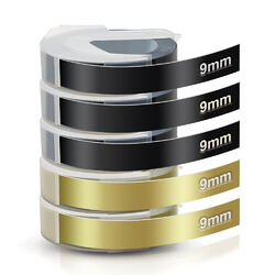 5x Schwarz & Gold 3D Schriftband Ersatz Dymo Omega Prägeband Embossing Tape 9mm