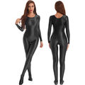 DE Damen Glänzend Langarm Bodysuit Ganzkörper Oil Overall Trikotanzug Clubwear