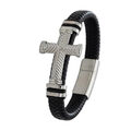 Armband  Herren  Kreuz Leder Edelstahl Magnetverschluss Schwarz Gold Silber  NEU