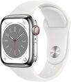 Apple Watch Series 8 41 mm Edelstahlgehäuse silber am Sportarmband weiß [Wi-Fi +