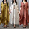 Frauen Boho Baumwolle Leinen Kleid Langarm Casual Maxi Sommerkleid Us 。