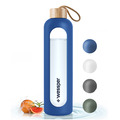Trinkflasche 1L Glas mit Silikonhülle, Zeitmarkierung, BPA-frei, Borosilikatglas