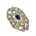 Natürlich Blauer Saphir Edelstein Pave Polki Diamant 925 Sterlingsilber Ring