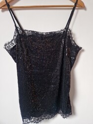 Doppelset Simona Barbieri Pailletten Spitzenrand Unterhemd Abendbluse Top Größe S