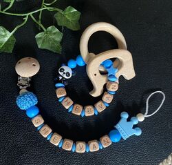 Set Schnullerkette Mit Name + Greifling Beißring Junge/ Mädchen Geschenk Taufe