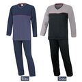 Herren Schlafanzug lang Baumwolle Pyjama Set langarm lange Hose grau blau