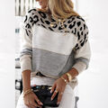 Damen Leopard Strick Pullover Farbblock Jumper Langarm Pulli Sweater Oberteile