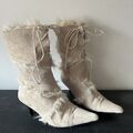 Russell & Bromley Creme Schnürstiefel mit Absatz Wildleder mit Fellbesatz Y2K EU 38 UK 5