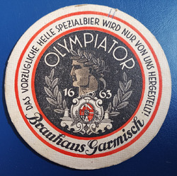 Bierdeckel Brauerei Olympiator Brauhaus Garmisch-Partenkirchen mit Impressum