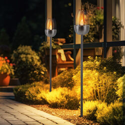 Solarleuchte Außenlampe Gartenleuchte Erdspieß Flammen Effekt silber LED 2er Set