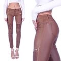 Damen Jeans Hüftjeans Kunstlederhose Leder-Optik Matt Hose Skinny Stretch B77