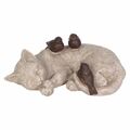 Deko Gartenfigur Katze schlafend mit 3 Vögeln Dekofigur Gartenfigur Gartendeko