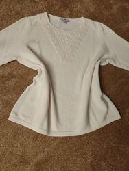 PETER HAHN-Pullover Gr.48 creme,3/4 Arm,Rundhalsausschnitt m.Spitzeneinsatz,Baum