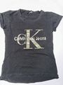 Calvin Klein Jeans Damen T-Shirt XS/34 Schwarz mit Logo Print weiß, Basic Shirt