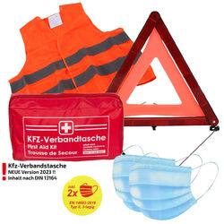 Verbandtasche Erste-Hilfe DIN13164 MHD 08.2028 + Warnweste ORANGE + Warndreieck220x135x65mm | inkl. 2 Schutzmasken = DIN13164-2022