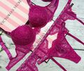 Victoria S Secret Shine Träger Sexy Spitze Herzen 3 Teile Push-Up Bh Set Fuchsia