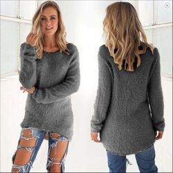 Flauschiger unifarbener Pullover Pulli Damen Longpullover Oberteile Freizeit Damen Winter warm